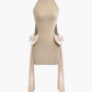 KOLLYY Sparkling Beige Sleeveless S Dress Pink Bow Halter Neckline Y2K Party NWT
